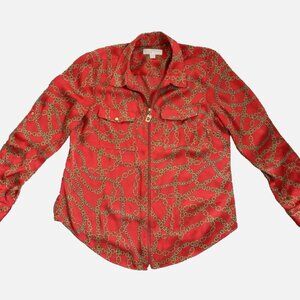 Michael Kors Top Orange Chain Print Tabbed Sleeve Geometric Satin Zip XL Blouse